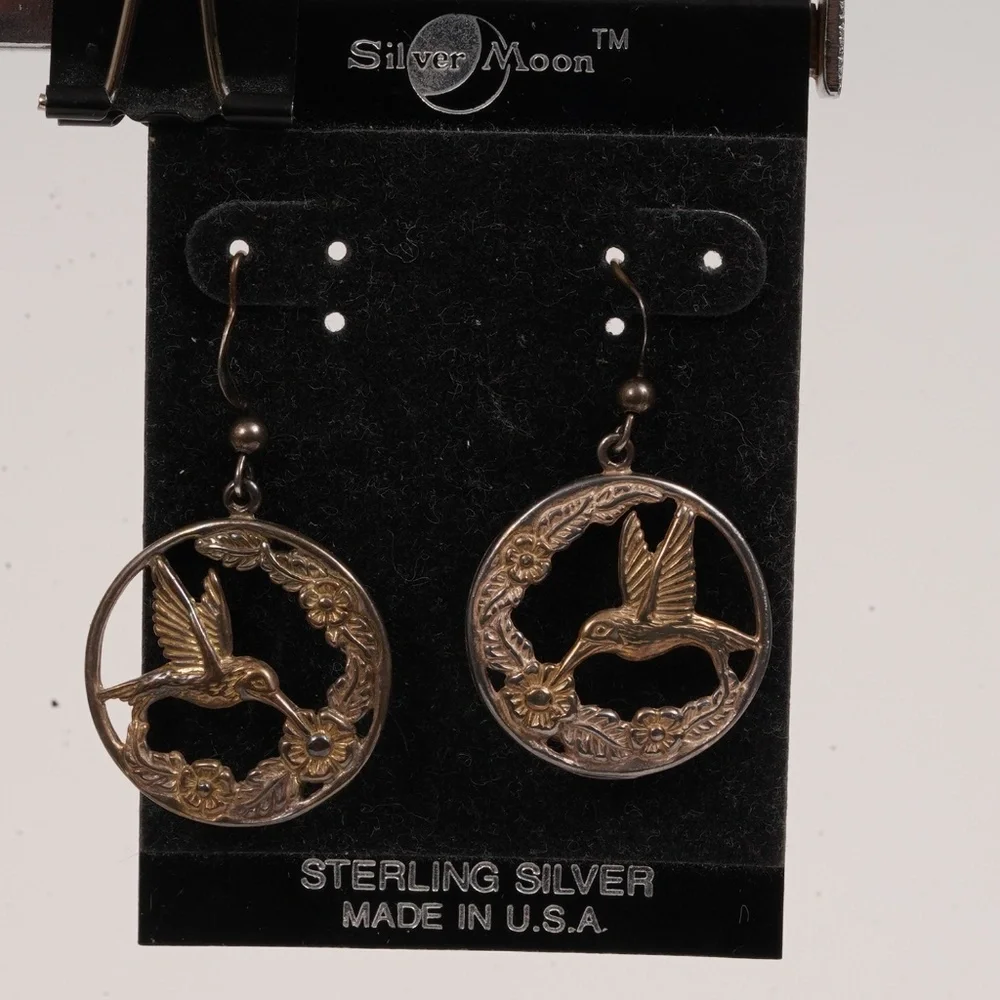 Gorgeous Vintage Sterling Silver Round Bird Themed Hanging Earrings - Picture 1 of 7